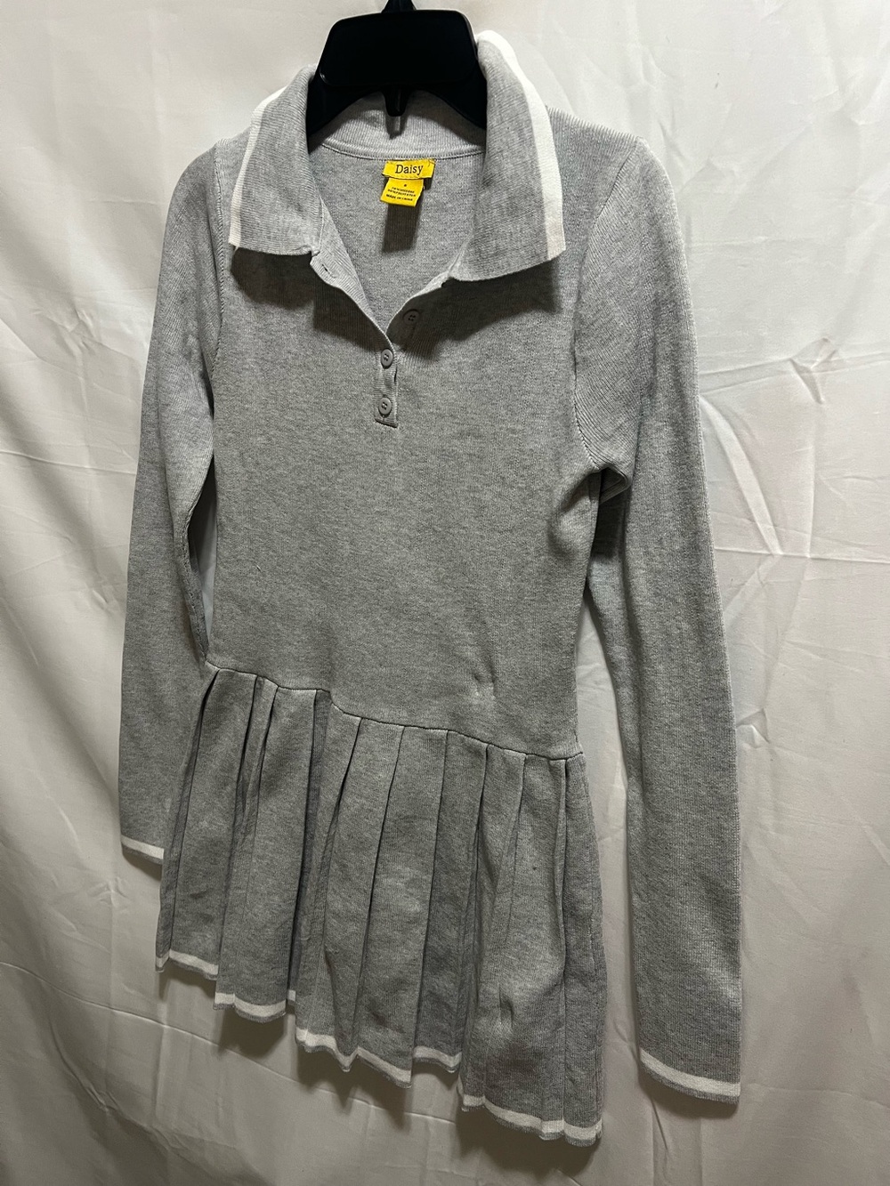 Daisy Light Gray Polo Knit Sweater with Pleated Hem